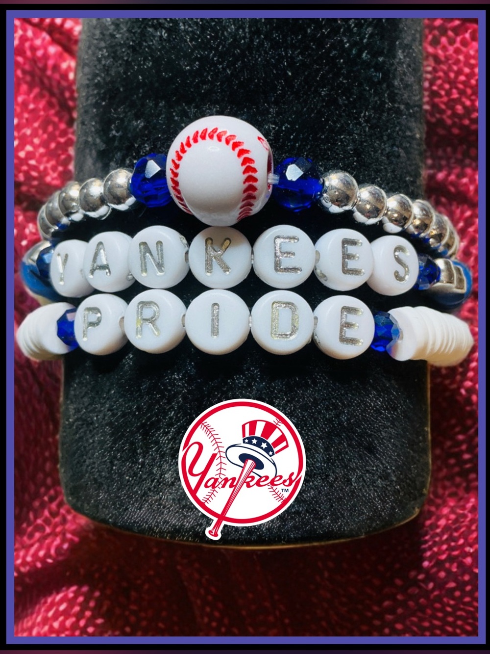 3 piece MLB Yankees Pride Blue and White Beaded Bracelet Set